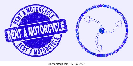 Geometric turbine rotation mosaic icon and Rent a Motorcycle stamp. Blue vector round scratched stamp with Rent a Motorcycle title. Abstract mosaic of turbine rotation done of spheric, triangles,