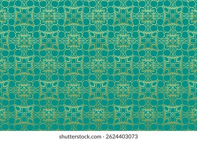 Arrière-plan géométrique turquoise, création de couverture tribale, bannière. Motif 3D ethnique élégant et doré, texture dorée. Ornements, arabesques, mandala. Motifs de l'Orient, Asie, Inde, Mexique, Aztèque, Pérou.