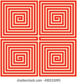 Geometric twirled  straight line into a square form labyrinth abstract. Red yellow striped wallpaper. Symmetric geometric curve ornament background. Vector illustration