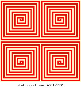 Geometric twirled  straight  line into a square form labyrinth abstract. Red yellow striped wallpaper. Symmetric geometric curve ornament background. Vector illustration