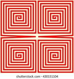 Geometric twirled  straight line into a square form labyrinth abstract. Red yellow striped wallpaper. Symmetric geometric curve ornament background. Vector illustration