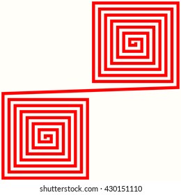 Geometric twirled  straight  line into a square form labyrinth abstract. Red yellow striped wallpaper. Symmetric geometric curve ornament background. Vector illustration