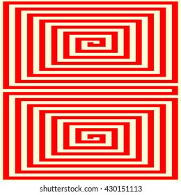 Geometric twirled  straight line into a square form labyrinth abstract. Red yellow striped wallpaper. Symmetric geometric curve ornament background. Vector illustration