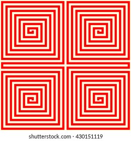 Geometric twirled  straight line into a square form labyrinth abstract. Red yellow striped wallpaper. Symmetric geometric curve ornament background. Vector illustration