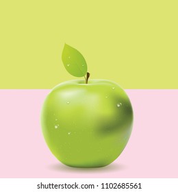 Geometric two colored background with green apple, food design.