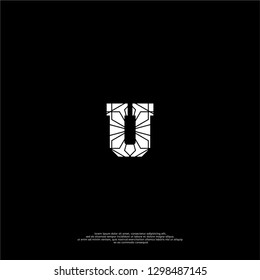 geometric U logo letter with abstract net lines pattern design concept