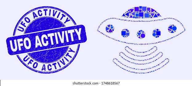 Geometric UFO mosaic pictogram and UFO Activity seal stamp. Blue vector round grunge seal stamp with UFO Activity message. Abstract concept of UFO composed of spheric, triangles,