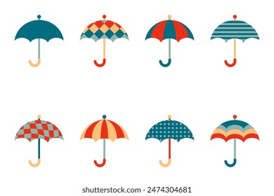 Geometric umbrella clipart collection in retro style. Perfect for posters, greeting cards, T-shirt, stickers and print. Isolated vector illustration for decor and design.
