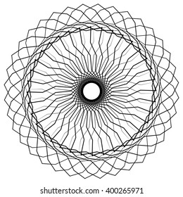 Geometric uncolored mandala element. Concentric, spirally abstract graphic.