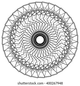 Geometric uncolored mandala element. Concentric, spirally abstract graphic.