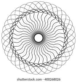 Geometric uncolored mandala element. Concentric, spirally abstract graphic.