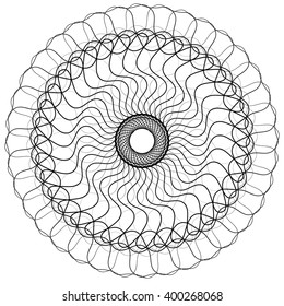 Geometric uncolored mandala element. Concentric, spirally abstract graphic.