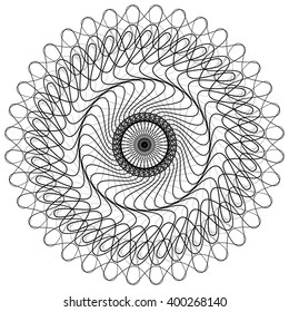 Geometric uncolored mandala element. Concentric, spirally abstract graphic.