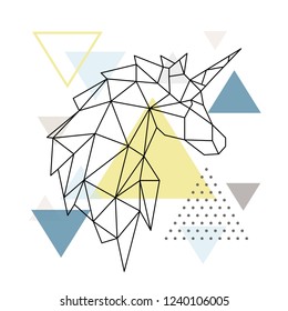 Geometric Unicorn silhouette on triangle background. Polygonal Unicorn emblem. Vector illustration.