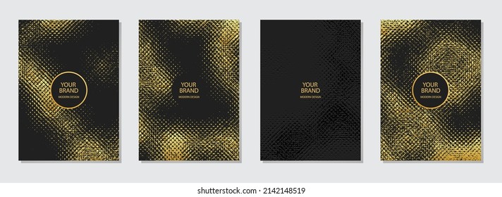 Geometric unique black backgrounds. Gold grunge texture. Collection of vertical templates. Set of cover designs for brochure, catalog, book, poster, flyer, invitation design. 