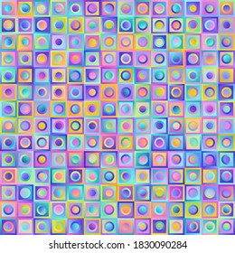 Geometric Universal Abstract Colorful Gradient Seamless Pattern of Pastel Square and Circles. Graphic Symmetric Continuous Background of Simple Figures.