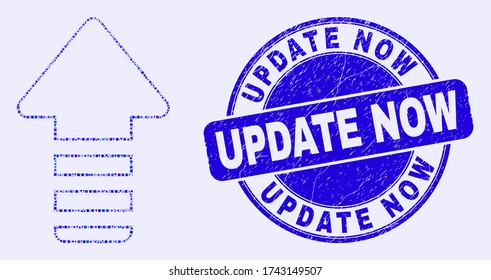 Geometric update arrow mosaic icon and Update Now seal stamp. Blue vector round grunge seal stamp with Update Now phrase. Abstract mosaic of update arrow organized of circle, triangles,