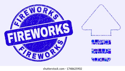 Geometric update arrow mosaic icon and Fireworks seal stamp. Blue vector round distress stamp with Fireworks title. Abstract concept of update arrow composed of round, triangles,