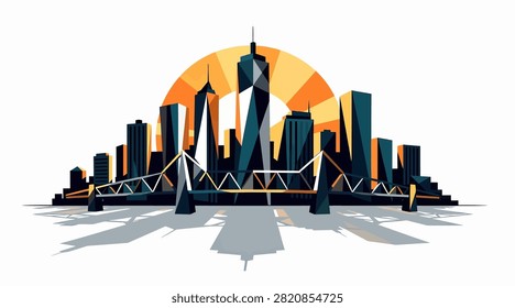 Geometric urban landscape illustration featuring skyscrapers and waterfront silhouettes.