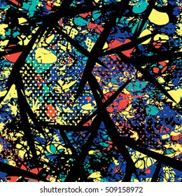 Geometric urban modern seamless pattern with yellow, blue, red, green shapes arranged in a random order on a black background. Vector illustration.