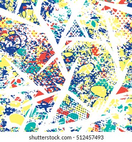 Geometric urban modern seamless pattern with red, blue, yellow shapes arranged in a random order on a white background. Vector illustration.