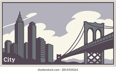 Geometric urban scene featuring suspension bridge alongside tall buildings under cloudy sky creative city background vector art graphic design.