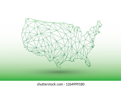 Geometric USA vector map with green triangular lines on light background illustration