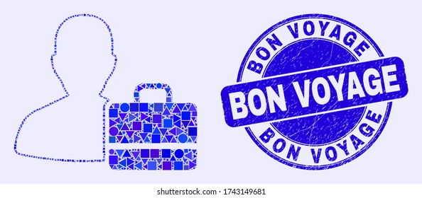 Geometric user case mosaic pictogram and Bon Voyage stamp. Blue vector round textured stamp with Bon Voyage message. Abstract composition of user case composed of round, triangles,