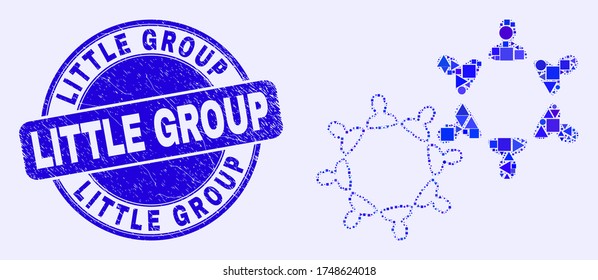 Geometric user collaboration mosaic pictogram and Little Group seal. Blue vector round grunge seal with Little Group title. Abstract mosaic of user collaboration constructed of round, tringle,