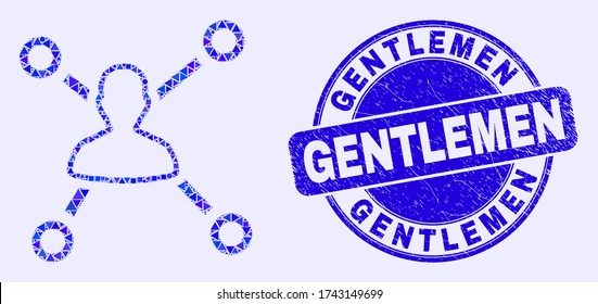 Geometric user links mosaic icon and Gentlemen seal stamp. Blue vector round textured seal with Gentlemen message. Abstract mosaic of user links designed of circle, tringle, square geometric elements.