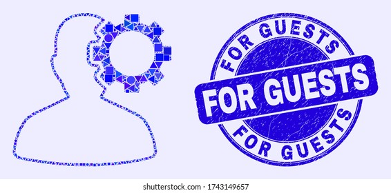 Geometric user options gear mosaic icon and For Guests seal stamp. Blue vector rounded distress seal stamp with For Guests text. Abstract mosaic of user options gear made of circle, triangles,