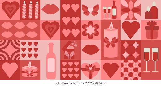 Patrón geométrico de San Valentín sin fisuras con corazones, labios, regalos y vino. Patrón geométrico inconsútil del día de San Valentín en colores rojos y rosados con Elementos románticos: corazones, labios, regalos, copas de vino y velas. Perfecto para la impresión textil, papel de embalaje y diseño festivo