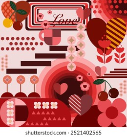Patrón de Elementos decorativos gráficos abstractos geométricos de San Valentín. Diseño perfecto para folleto, cartel, postal, decoración, medios, embalaje, ilustración, elemento, textura, bordado, adorno