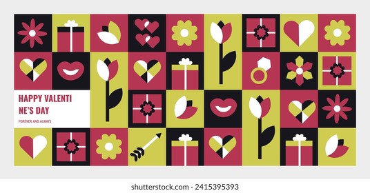 Geometric Valentine's banner with simple shapes. romantic vector background. Modern abstract concept for banner.