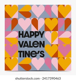 Geometric Valentine's Day greeting card, poster, template, label with pink, yellow and red hearts