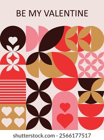 Geometric Valentine's Day greeting card with an abstract mosaic design featuring love symbols in pink tones, suitable for posters, banners, and vector illustrations