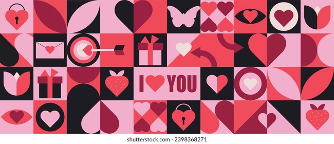  Geometric Valentine's Day pattern.Modern geometry mosaic vector background for packaging, cover, design, card, packaging.
