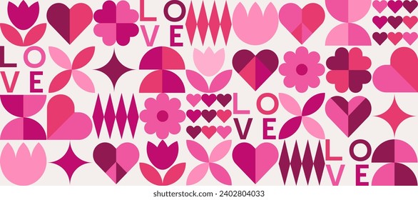 Geometric Valentine's day seamless pattern with simple shapes. Romantic vector background. Love and hearts. Modern abstract design for print, banner, fabric, card, wrapping paper, cover.