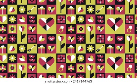 Geometric Valentine's day seamless pattern with simple shapes. romantic vector background. Modern abstract concept.