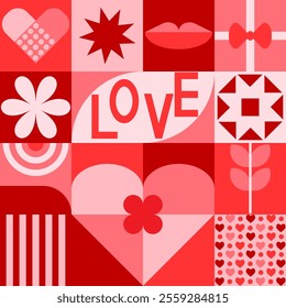 Geometric Valentines Day seamless pattern. Romantic bauhaus style background, wallpaper. Abstract love simple shapes mosaic repeat pattern design, vector illustration.