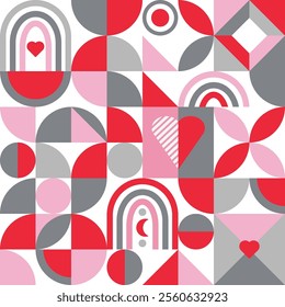 Geometric Valentines Day seamless pattern. Romantic bauhaus style background, wallpaper. Abstract love boho rainbows, hearts and simple shapes mosaic repeat pattern design, vector illustration.