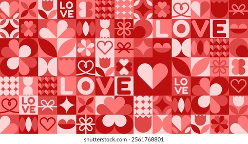 Geometric Valentine's Day seamless pattern featuring abstract modern designs with hearts and love motifs. Ideal for prints, banners, fabrics, cards, gift wrap, and covers.