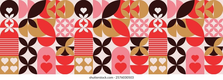 Geometric Valentine's Day seamless pattern featuring abstract modern designs with hearts and love motifs.Ideal for prints,banner, fabric, card, wrapping paper, cover. . Vector illustration