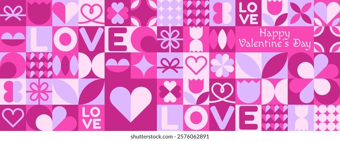 Geometric Valentine's Day seamless pattern featuring abstract modern designs with hearts and love motifs. Ideal for prints, banners, fabrics, cards, gift wrap, and covers.