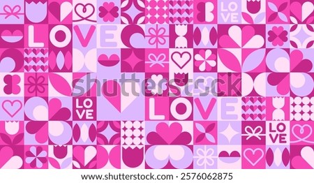 Geometric Valentine's Day seamless pattern featuring abstract modern designs with hearts and love motifs. Ideal for prints, banners, fabrics, cards, gift wrap, and covers.