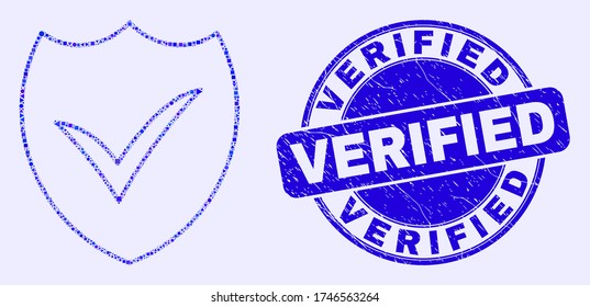 Geometric valid shield mosaic icon and Verified seal stamp. Blue vector rounded grunge seal stamp with Verified title. Abstract concept of valid shield organized of round, triangles,