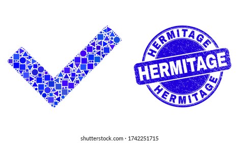 Geometric validated tick mosaic icon and Hermitage seal stamp. Blue vector round scratched seal with Hermitage message. Abstract composition of validated tick created of round, tringle,