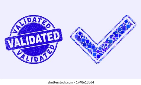 Geometric validated tick mosaic pictogram and Validated seal stamp. Blue vector round grunge seal with Validated phrase. Abstract composition of validated tick organized of round, triangles,