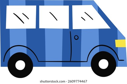 A geometric van with bold lines and large windows in a simple cartoon style. The vehicle features a minimalist design with a blocky shape and prominent wheels. Cartoon vector illustration.