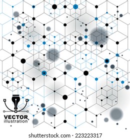 Geometric vector abstract 3D complicated op art backdrop, eps10 internet tech illustration, best for web and graphic design. Transparent covering with overlay geometric figures, connected dots.